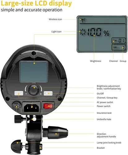 Vista 6 de K&F CONCEPT Luz de video LED SL-60W Iluminación continua con montaje Bowens, 5600K CRI95+ Iluminación regulable para fotografía, tiro al aire libre