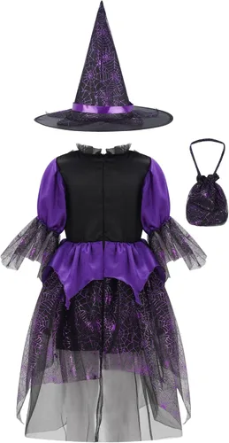 Vista 2 de Sholeno Kids Girls Fairytale Witch Cosplay Dress Up Witch Tulle Dress with Pointed Hat Candy Handbag Set for Halloween