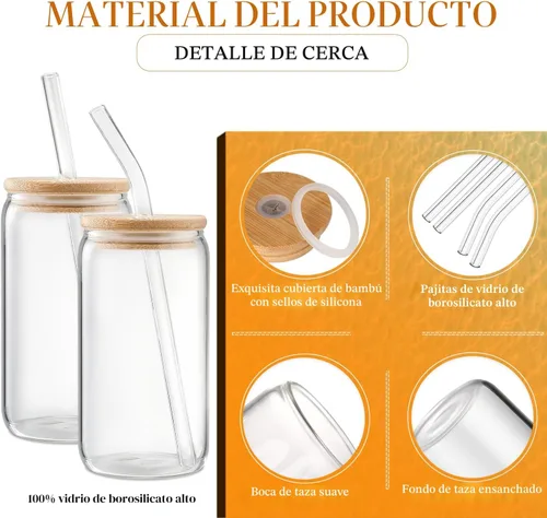 Vista 4 de DWTS DANWEITESI Vasos de vidrio con tapas y pajitas, 4 piezas, juego de vasos de 16 onzas para accesorios de barra de café, tazas de café helado