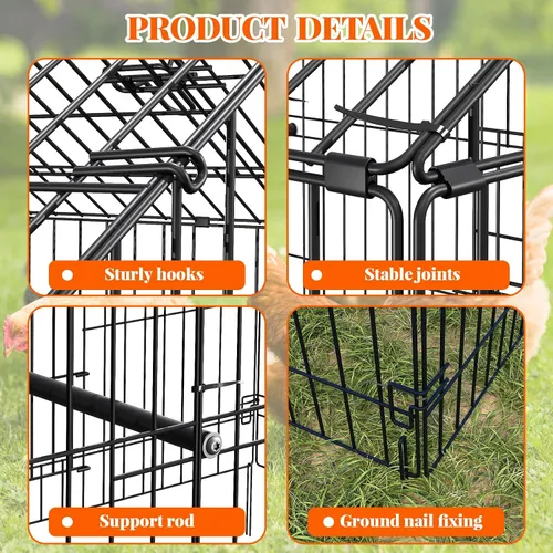 Vista 4 de Gallinero de metal, corralito de pollo para patio con cubierta, jaula portátil de metal para exteriores con 4 puertas y 1 ventana para gallina