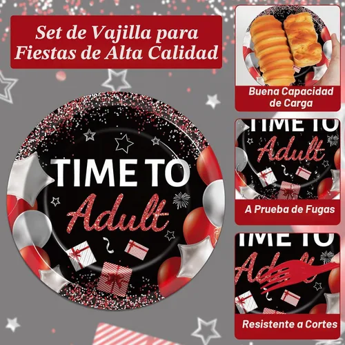 Vista 3 de gisgfim 96 piezas de suministros para fiesta de cumpleaños de 18 años, platos de papel, servilletas, hora de ser adulto, rojo y negro, juego