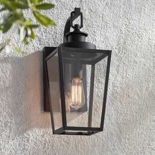 Vista 7 de Possini Euro Design Ackerly - Moderna lámpara de pared para exteriores, acero negro texturizado, paneles de vidrio transparente de 17 1/4 pulgadas