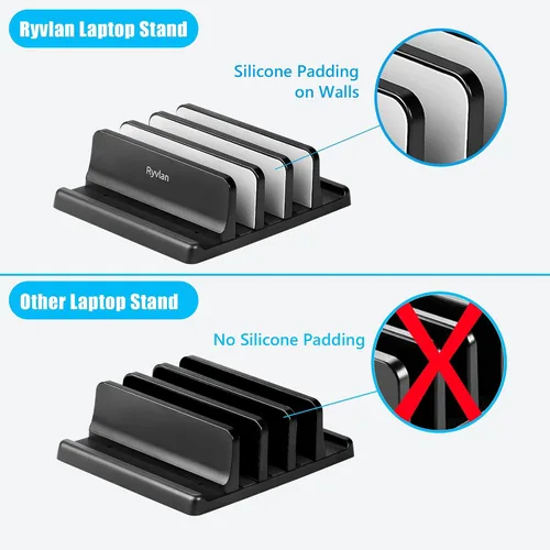 Vista 9 de Ryvlan Soporte vertical para laptop, almacenamiento ajustable de 3 ranuras para laptop con acolchado de goma, soporte múltiple para computadora