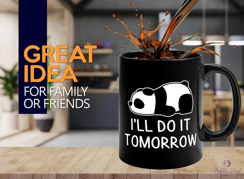 Vista 2 de Animal Lover - Taza de café de 11 onzas, color negro, I'll Do It Tomorrow, divertido animal panda amante del zoológico comiendo lindo panda