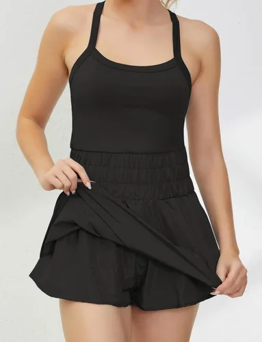 Vista 2 de MISSACTIVER Vestido de tenis para mujer, vestido de entrenamiento con pantalones cortos incorporados, sin mangas, entrecruzado, sin espalda, mini