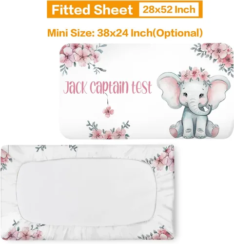 Vista 3 de Juego de ropa de cama de bebé personalizado, ropa de cama de elefante rosa para bebé, manta de bebé, sábana bajera ajustable, funda cambiadora