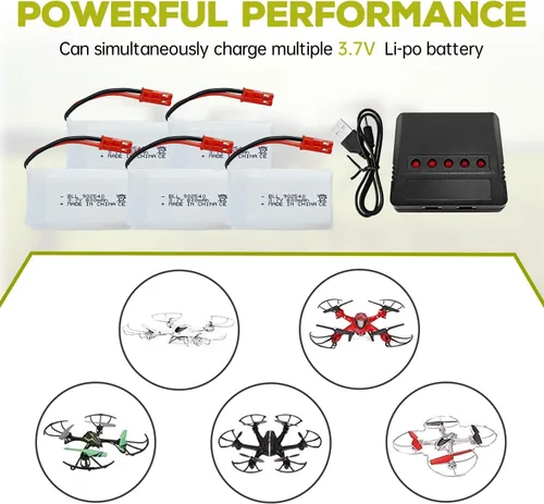 Vista 2 de sea jump 5 unids 3.7 V 800 mAh Lipo batería de control remoto Drone con cargador 5 en 1 enchufe JST adecuado para SYMA X56W MJX X400W X300C X800
