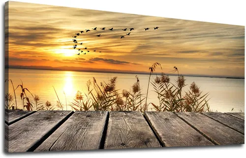 Vista 11 de yearainn Arte de Lienzo de Pared en Blanco y Negro Lago al Atardecer con Pájaros Voladores Cuadros para Decoración de Pared Paisaje Natural Pintura
