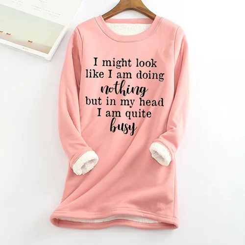Vista 2 de Long Sweatshirts for Women Sherpa Lined Pullover Winter Warm Fleece Plus Size Tops Funny Letter Print Crewneck Tunics