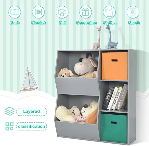 Vista 14 de HONEY JOY Organizador de almacenamiento de juguetes para niños con 5 cubículos, estantería y estantería para niños con 2 cajas de almacenamiento