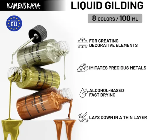 Vista 3 de KAMENSKAYA Pintura de Hoja de Oro Líquida - Pintura de Hoja de Oro Líquida de Secado Rápido de Base Alcohólica, Oro Brillante, 0.68 fl oz (20 ml)