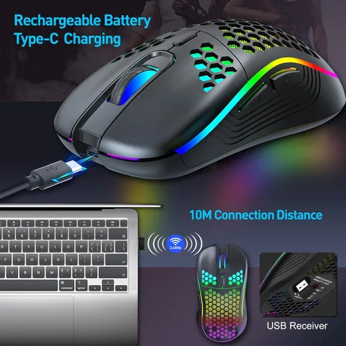 Vista 2 de JYCSTE Ratón inalámbrico para juegos, mouse ergonómico de computadora recargable, diseño de panal con retroiluminación RGB, receptor USB, 6 botones