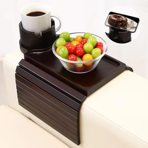 Vista 13 de Bandeja para portavasos de sofá, mesa de madera de acacia con soporte para teléfono, bandeja plegable grande para sofá para mesa de aperitivos