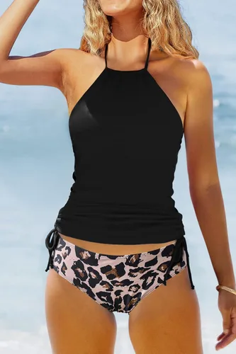 Vista 4 de Beachsissi Traje de baño para mujer, conjunto de tankini con cordón lateral color azul sólido, Azul