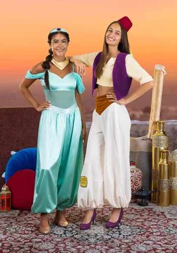 Vista 4 de Disney Aladdin Jasmine - Disfraz de princesa árabe para mujer, mameluco, pantalones, diadema y collar, con licencia