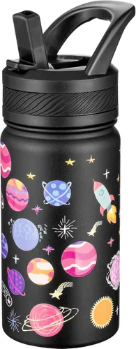 Vista 23 de Fanhaw Botella de agua aislada para niños de 14 onzas con tapa de pajita – Acero inoxidable de doble pared al vacío, a prueba de fugas, botellas