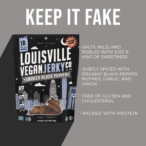Vista 5 de Louisville Vegan Jerky - Carne vegana y vegetariana de pimienta negra ahumada, 0.67 oz de proteína de soja sin OMG, 310 calorías por bolsa