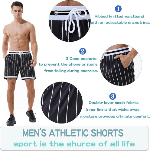 Vista 4 de HEALONG Pantalones cortos deportivos de baloncesto para hombre, malla para gimnasio, deportes, entrenamiento, cordón, retro, casual, a la moda