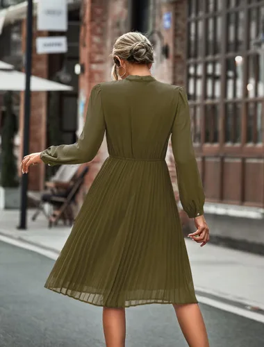Vista 7 de HAOKEKE Vestidos de trabajo para mujer 2023 de manga larga de gasa negro vestido retro plisado botones abajo corbata lazo suelto vestidos casuales