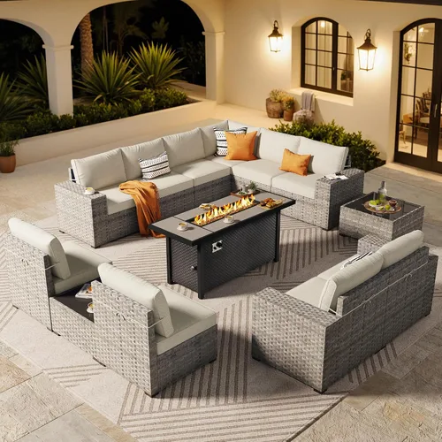Vista 12 de ovios Juego de muebles de patio de 6 piezas, sofá seccional de mimbre para exteriores con mesa auxiliar, cómodos cojines, moderno sofá modular Beige