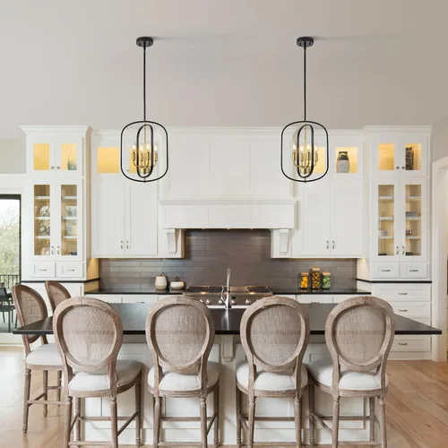 Vista 3 de ACNKTZ Candelabro pequeño negro y dorado para vestíbulo, lámpara colgante geométrica de metal de 4 luces para entrada, iluminación colgante moderna