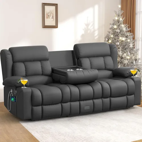 Vista 31 de Juego de sofá reclinable loveseat con 2+1 piezas, 2 plazas estilo minimalista reclinable manual con tirador, loveseat con puertos de carga USB