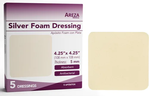 Vista 9 de Areza Medical - Almohadilla de espuma plateada para heridas - Estéril - 4" X 4" (3.9 in X 3.9 in) - Borde adhesivo - 10 unidades por caja