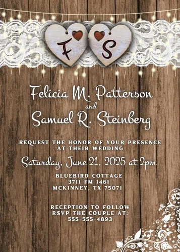 Vista 8 de Cantidad de 25 invitaciones de boda País Corazón y sobres de encaje impreso con texto blanco