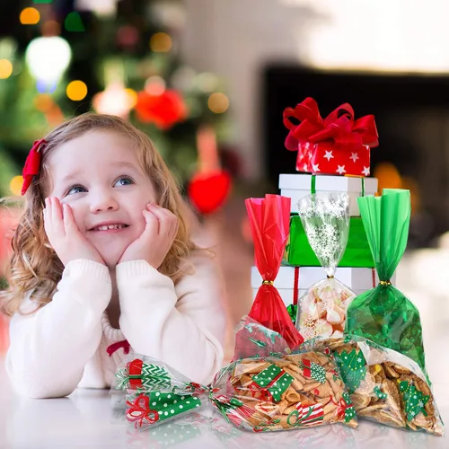 Vista 7 de 120 bolsas de regalo de Navidad, bolsas de celofán de Navidad, bolsas de dulces, bolsas de golosinas con 200 lazos giratorios para fiestas