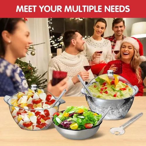 Vista 4 de INNOVATIVE LIFE Gran cuenco de ensalada con base enfriadora de hielo y tapa, bandeja refrigerada de cocina para verduras con dos cucharas largas