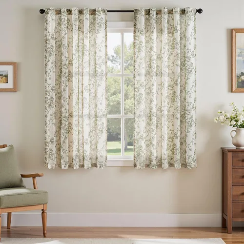 Vista 61 de Jinchan Cortinas de Mezcla de Lino con Estampado Floral para Sala de Estar, 84 Pulgadas de Largo, Cortinas con Bolsillo para Varilla y Tab Trasera