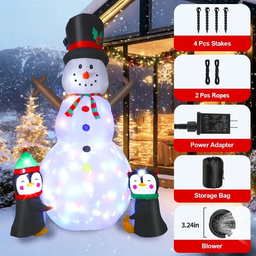 Vista 6 de Dawdix Muñeco de nieve inflable de Navidad de 8 pies, muñeco de nieve de Navidad para inflar con pingüinos, luces LED coloridas giratorias