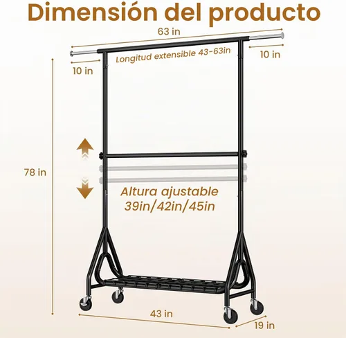 Vista 7 de Perchero de ropa con doble varilla, resistente para colgar ropa con carga de 560 libras, percheros de metal con ruedas, estantes para colgar ropa