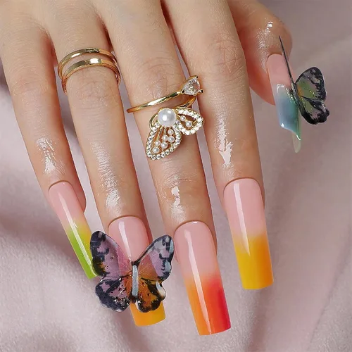 Vista 12 de MISUD Uñas a presión – Uñas cuadradas largas con pegamento rosa y negro, acrílico Y2K diseño de dijes de 24 piezas