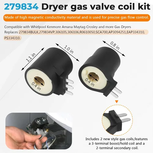 Vista 5 de Blutoget 338906 WP338906 Kit de reparación de sensor de llama para secadora 279311 279834 Bobinas solenoides de válvula de gas apto para secadores