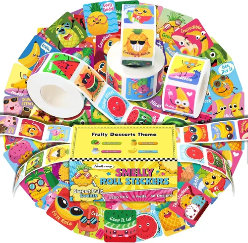 Vista 9 de HORIECHALY 3 Rollos de Calcomanías para Raspar y Oler para Niños, 600 Piezas de Calcomanías con Aroma, Calcomanías de Recompensa para Niños