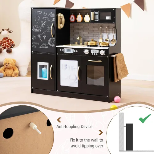 Vista 7 de Costzon Juego de cocina para niños, juego de juguetes de cocina de madera con sonido real, pizarra grande, teléfono, microondas, máquina de hielo