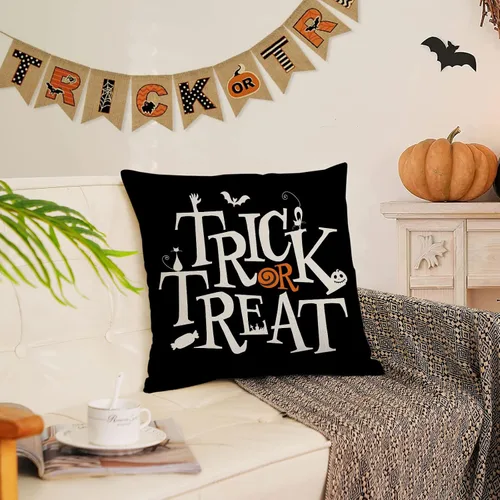 Vista 5 de Fundas de almohada de Halloween de 12 x 12 pulgadas, juego de 4 fundas de almohada decorativas con diseño de truco o trato, fundas de almohada