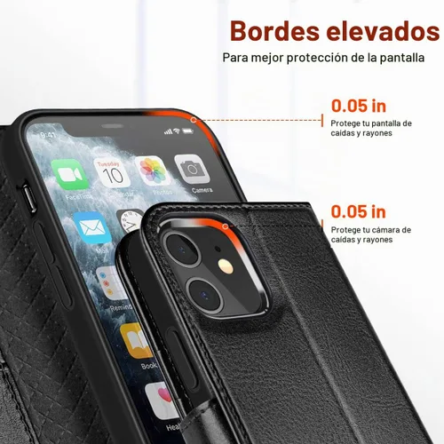 Vista 5 de OCASE Compatible con iPhone 12 Case/Compatible con iPhone 12 Pro Wallet Case, funda tipo cartera de piel sintética con tapa y tarjeteros con bloqueo