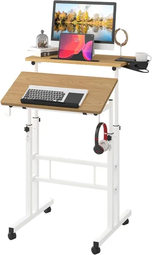 Vista 10 de Klvied Escritorio móvil rodante con soporte para tazas, portátil, altura ajustable, pequeño escritorio de pie con ruedas para oficina en casa, Roble
