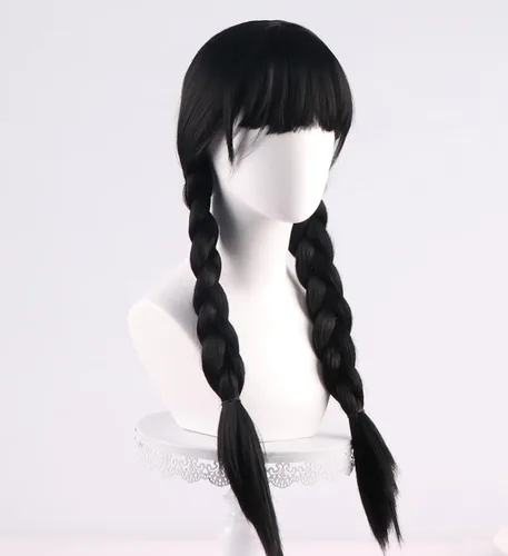Vista 5 de COSPLAZA Wednesday - Pelucas largas de coletas trenzadas negras para mujer, peluca de disfraz de Halloween con flequillo plano