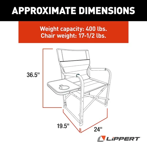 Vista 2 de Lippert Components Scout Plus - Silla de director con mesa auxiliar para campamento, plegable, marco de tubo de acero, poliéster 600D, revestimiento