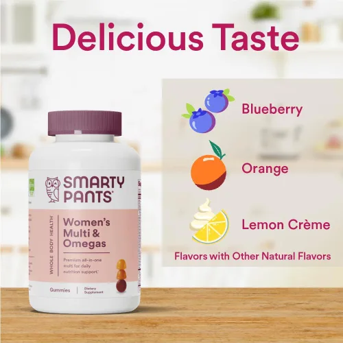 Vista 7 de SmartyPants Gomitas multivitamínicas para mujeres: aceite de pescado Omega 3 (EPA/DHA), metilfolato, CoQ10, vitamina D3, C, vitamina B12, B6, A, K