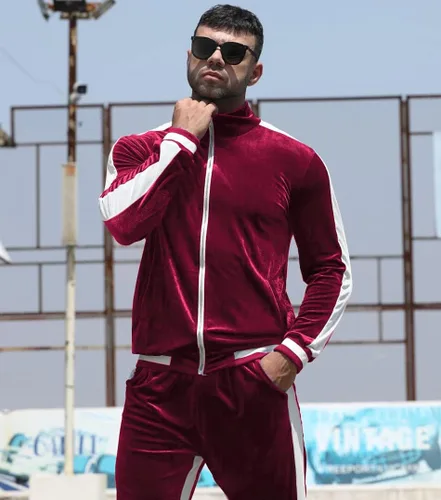 Vista 2 de YAOGRO Conjunto deportivo de terciopelo traje deportivo de 2 piezas para hombre, con cremallera completa, casual, chaquetas y pantalones