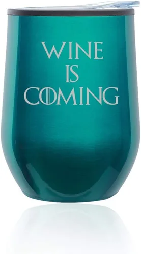 Vista 4 de Vaso de vino sin tallo para café, taza de viaje con tapa Wine Is Coming Funny (azul)