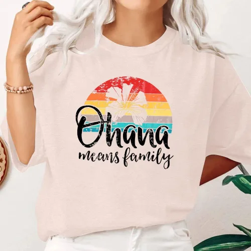 Vista 3 de MYHALF Ohana Means Family - Camisa hawaiana para mujer, camisetas divertidas de playa, camisetas de manga corta para vacaciones de verano