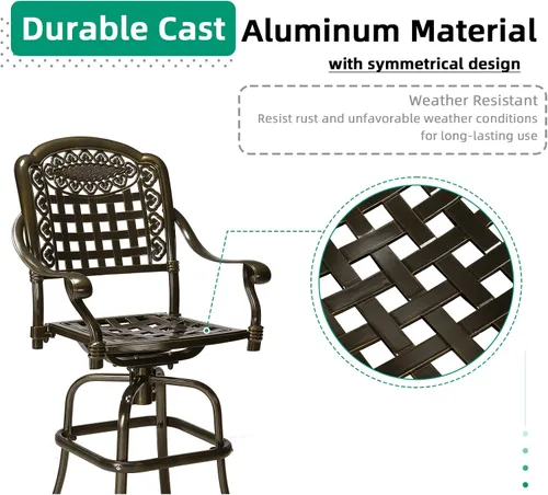 Vista 6 de VIVIJASON Taburetes de bar giratorios para exteriores, sillas de bar de aluminio fundido para todo tipo de clima, con cojín de asiento, muebles