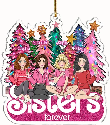 Vista 8 de Gossby Adorno de Navidad acrílico personalizado para hermanas para siempre, regalo personalizado con diseño, nombre, decoración de árbol de 2