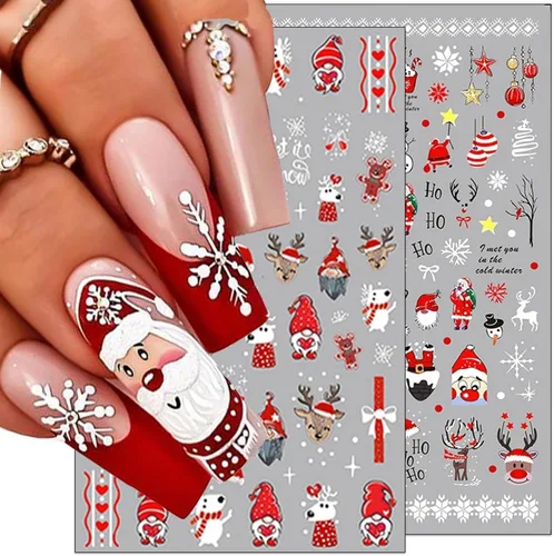 Vista 6 de 10 calcomanías de uñas de Navidad de invierno para mujeres, dibujos animados 3D, alce, muñeco de nieve, campanas de Papá Noel, copo de nieve