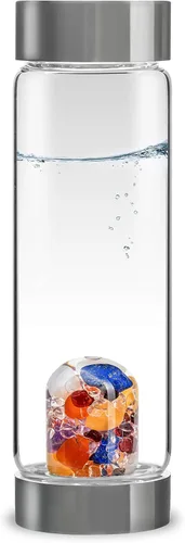 Vista 7 de VitaJuwel ViA AMERICAN DREAM Botella de agua de cristal con oro de 24k · Jaspe rojo · Ópalo blanco · Lapislázuli azul · Cuarzo transparente